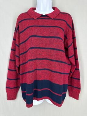 80s Vintage Sweater Womens Medium Red Striped Navy Blue Collar Classic Heritage
